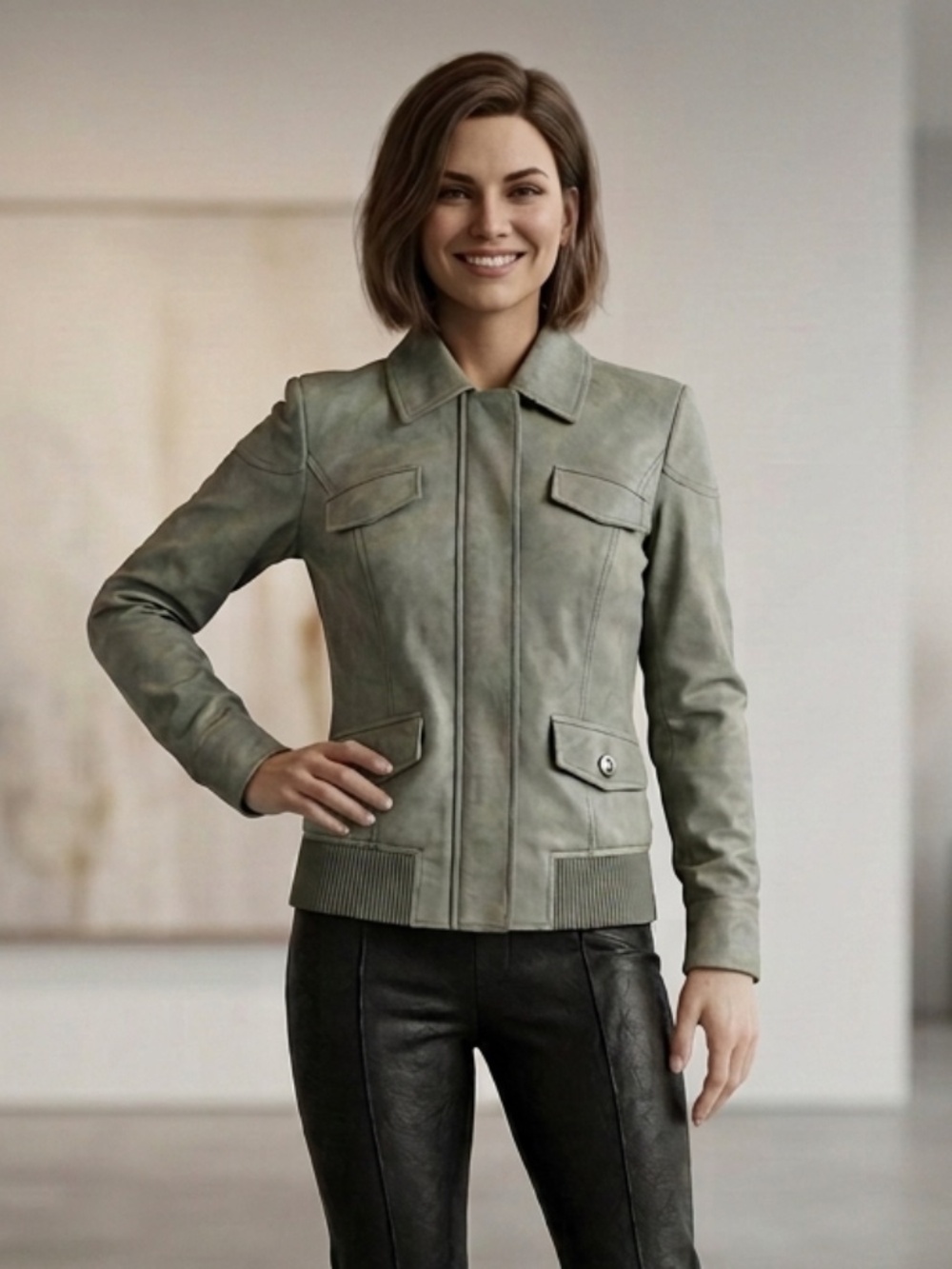 Blend She Suede-Style Leather Jacket with Ribbed Trim